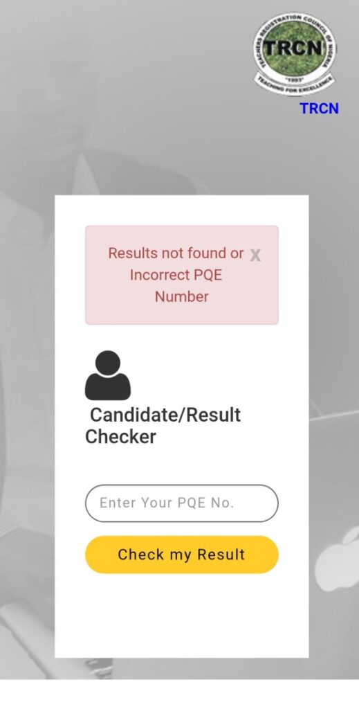 Result not found or incorrect PQE number